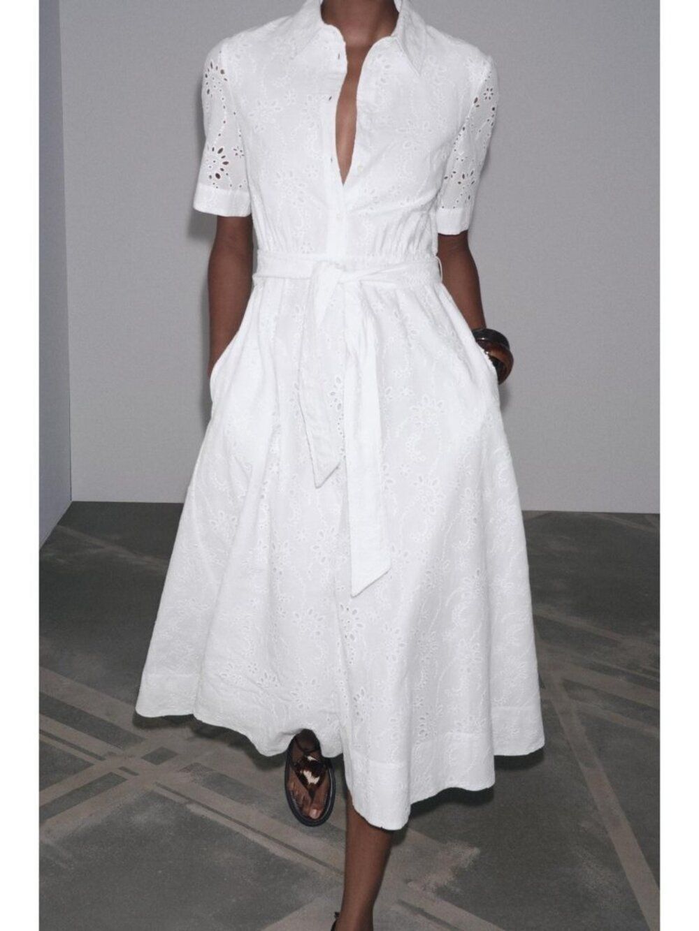 Zara Womens Shirt Dress XS White Embroidered Eyelet Belted Cotton 8223/087 NWT